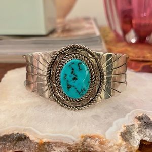 Native American Sterling Silver Turquoise Cuff Bracelet (Stamped)